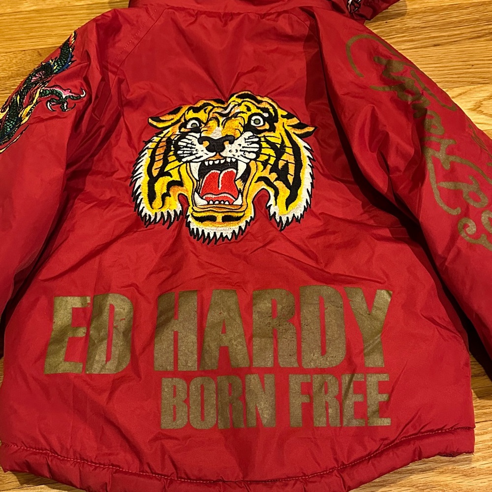 Ed Hardy Kids Red Embroidered Jacket with Tiger Design preowned size 4/5 Unisex